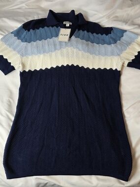 RDWM Navy Light Blue Striped Knit Polo Sweater Mens Size Medium NWT